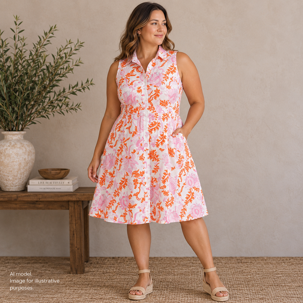 Dolma Dress Women XL White Pink Orange Floral Button Lined Pockets Anthropologie